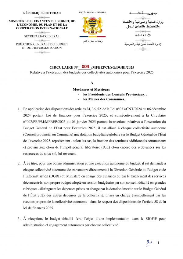 Circulaire N° 004/MFBEPCI/SG/DGBI/2025 Relative à l’exécution des budgets des collectivités autonomes pour l’exercice 2025