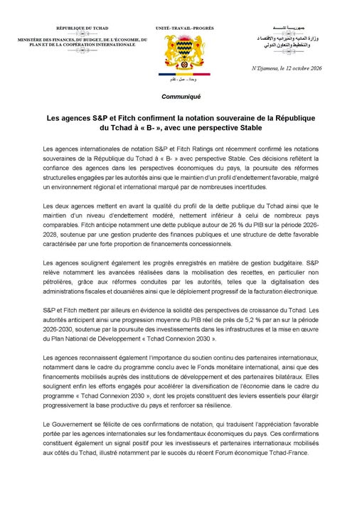Communiqué : S&P et Fitch maintiennent la note souveraine du Tchad à « B- », avec une perspective stable