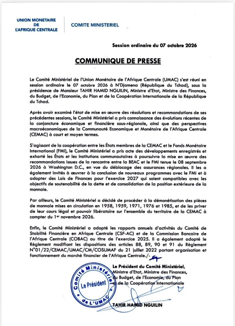 UMAC : communiqué de presse de la session du Comité ministériel du 7 octobre 2026 à N’Djamena
